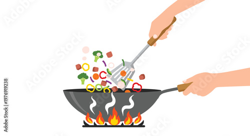 Human hands skillfully tossing fresh colorful chopped vegetables and savory meat pieces inside a dark metal wok over a vibrant flaming kitchen stove.
