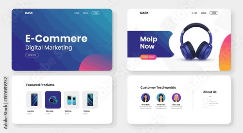 E-commerce digital marketing web page templates, online store landing pages, mobile app design elements