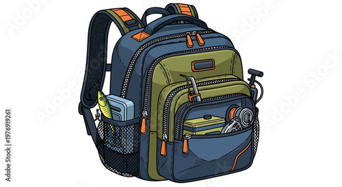 Blue and green hiking backpack bag.