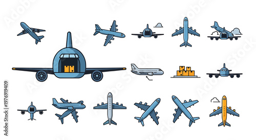 Collection of Various Airplane Illustrations in Different Perspectives.