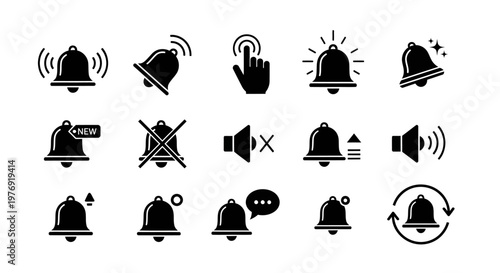 Collection of Various Black Bell Icons for Notifications and Alerts.