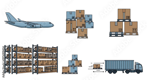 Cargo boxes on truck and plane.