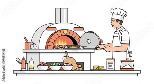 Chef cooking in brick pizza oven.