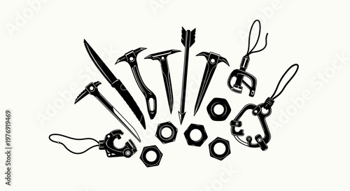 Collection of Various Black Metal Fasteners and Hardware Silhouetted on White.