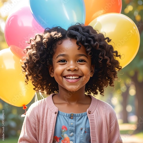 A young girl smiling with colorful balloons behind her