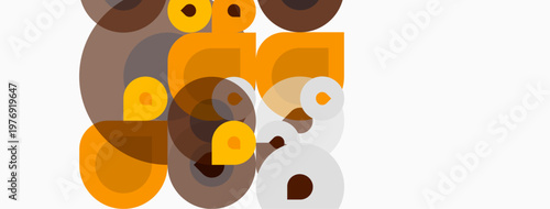 Abstract composition. Overlapping circles, squares, rectangles create dynamic visual texture. Warm earthy tones dominate design.