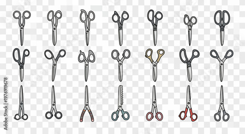 Collection of Various Scissors in Detailed Black and White Illustrations.