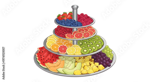 Colorful tiered fruit platter with assorted fresh and delicious fruits.
