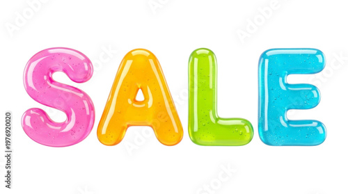 Isolated colorful jelly letters spelling SALE on white