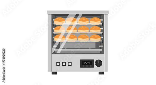 Commercial food warmer with fresh baked bread inside for display.
