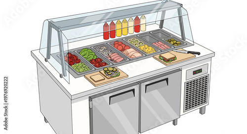 Commercial Food Display Case with Fresh Salad Ingredients and Condiments.