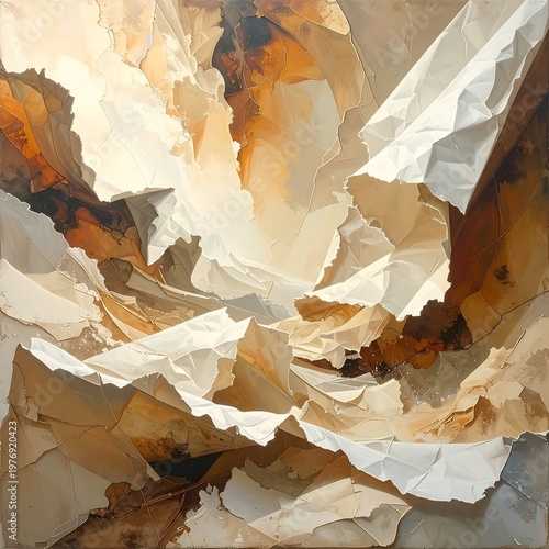 Abstract art piece featuring crumpled paper in shades of white, orange, and brown