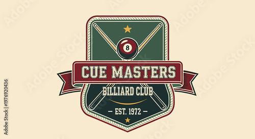 Cue Masters Billiard Club Logo - Vintage Design with Cue Sticks.