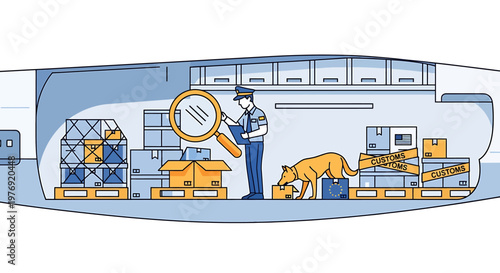 Customs Officer Inspecting Cargo with a Magnifying Glass and Sniffing Dog.