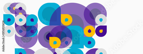 Abstract circles overlap, creating vibrant visual texture. Purple, blue, yellow hues dominate composition. Modern design element.