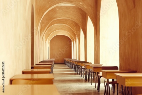 Minimalistic school or office space with long hallway and desks