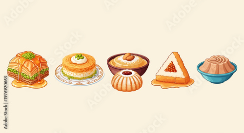 Delicious and colorful assortment of various Middle Eastern pastries and desserts.