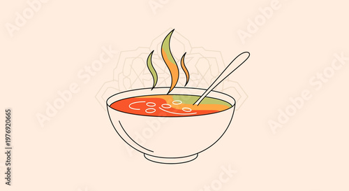 Delicious Bowl of Hot Soup with Spoon and Steam Illustration.