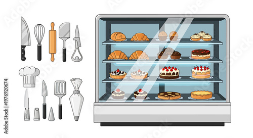 Delicious Cakes and Baking Tools Displayed in Bakery Showcase.