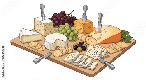 Delicious Cheese Platter with Grapes, Crackers, and Olives on Wooden Board.