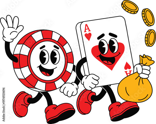 Cartoon poker chip and ace of hearts playing card characters walking together with a money bag and gold coins