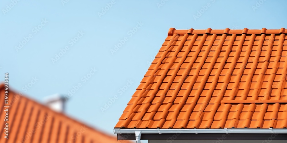 Naklejka premium Close-up view of a terracotta tiled roof against a clear blue sky