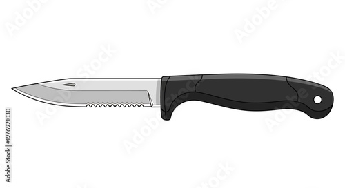 Detailed close-up of a sharp hunting knife with black handle.