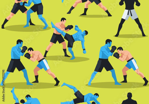 Martial Arts and Kickboxing Vector Illustration Pattern. Men Sparring, Boxing and Kicking in Combat Sports Graphic Design. Seamless Fitness and MMA Background.