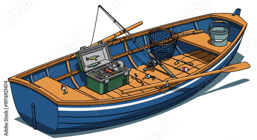 Detailed illustration of a blue and wooden fishing boat with equipment.
