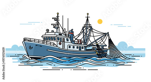 Detailed Illustration of a Fishing Boat Sailing on the Ocean.