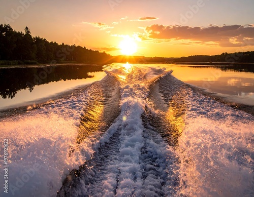 A scenic capture of a boat cruising on a tranquil body of water during a vibrant sunset. The wake creates a dynamic pattern