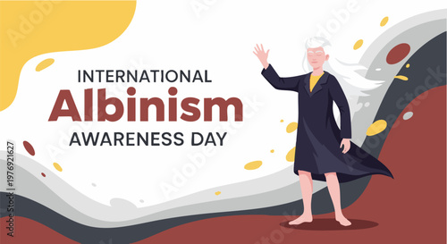 Fényképezés Albino women waving  for International Albinism Awareness Day against abstract shapes in bright yellow and maroon colors for healthcare and awareness campaign