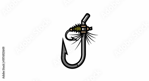 Detailed Illustration of a Fishing Fly Hook Isolated on White.
