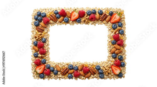 Cereal, mixed berries, nuts frame isolated on white background