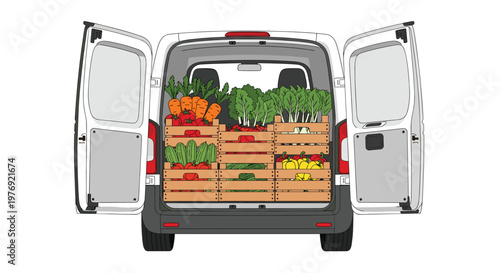 The rear view of a white van with open doors reveals wooden crates stacked with fresh produce like carrots and peppers on a crisp white background area.