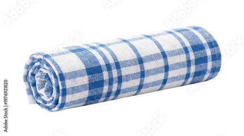 Rolled blue white checkered towel isolated on white background