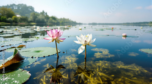 lotus flowers in a warm lake and smoke coming out of the lake