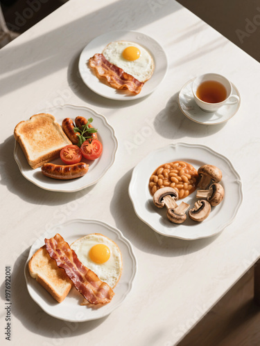Classic English Breakfast with Tea on Marble Table