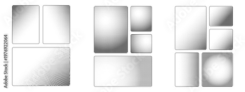 Comic book panel templates set. Rectangular frames with halftone dot gradient effects, rounded corners. Layout grid for manga page, storyboard, cartoon strip, graphic novel design. Vector.