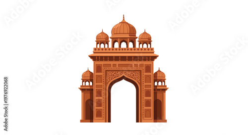 Majestic architectural archway with multiple rounded domes and intricate relief patterns stands against a clean white background in warm terracotta hues.