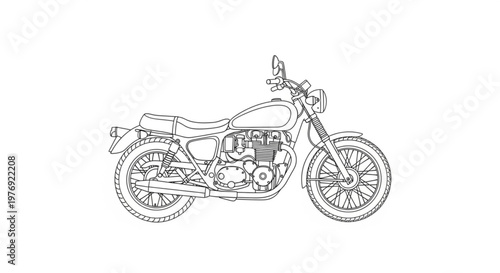 Detailed line art illustration of a vintage classic motorcycle, showcasing retro design elements and the spirit of open-road adventure and freedom