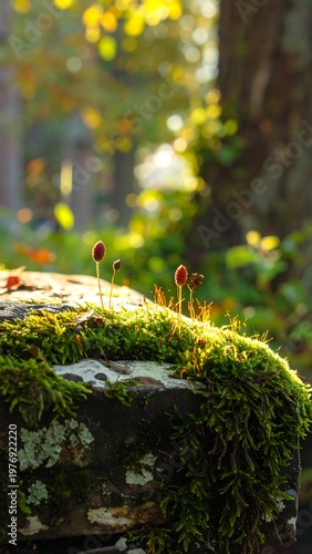 Mossy forest rock with sunlight
