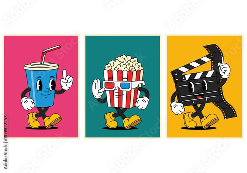 Vintage Cinema Mascot Cartoon Set: Retro Rubber Hose Style Popcorn, Soda Cup, and Movie Clapperboard Characters on Colorful Backgrounds