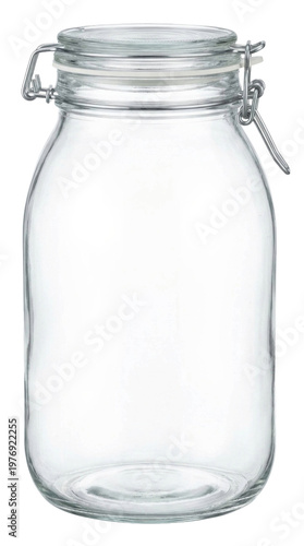Empty clear glass jar with metal clasp lid isolated on white