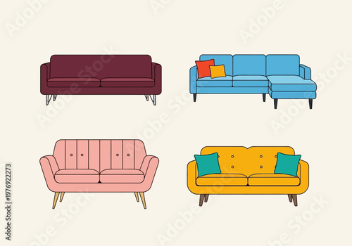 Set of Modern Sofa and Couch Vector Illustrations in Flat Design Style for Living Room Interior Decor and Furniture Catalog