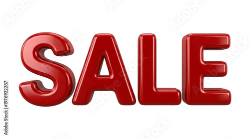 Red shiny glossy three dimensional letters spelling SALE isolated on white plain background