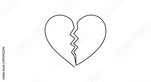 Minimalist line art illustration portraying a visibly broken heart with a distinct crack, symbolizing concepts of sorrow, separation, and emotional distress, set against a pristine white background