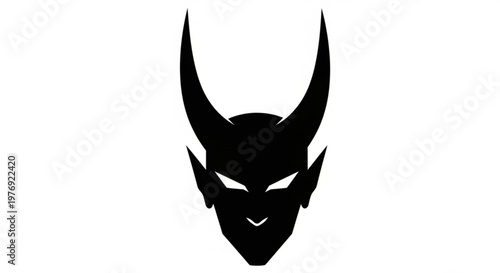Silhouette of a devil's head with pointed horns, piercing eyes, and sharp features, symbolizing evil and mythology