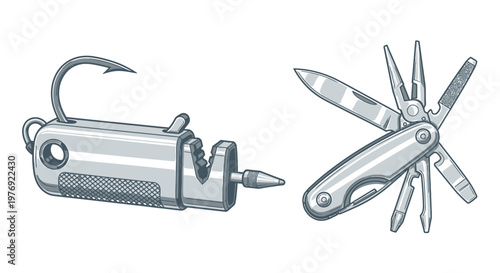 Detailed Illustration of a Fishing Hook Sharpener and Multi-Tool Knife.