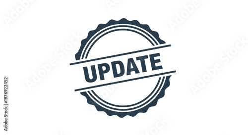 Bold dark circular rubber stamp icon with scalloped edges features the word UPDATE in capital letters between two lines on a clean white background area.